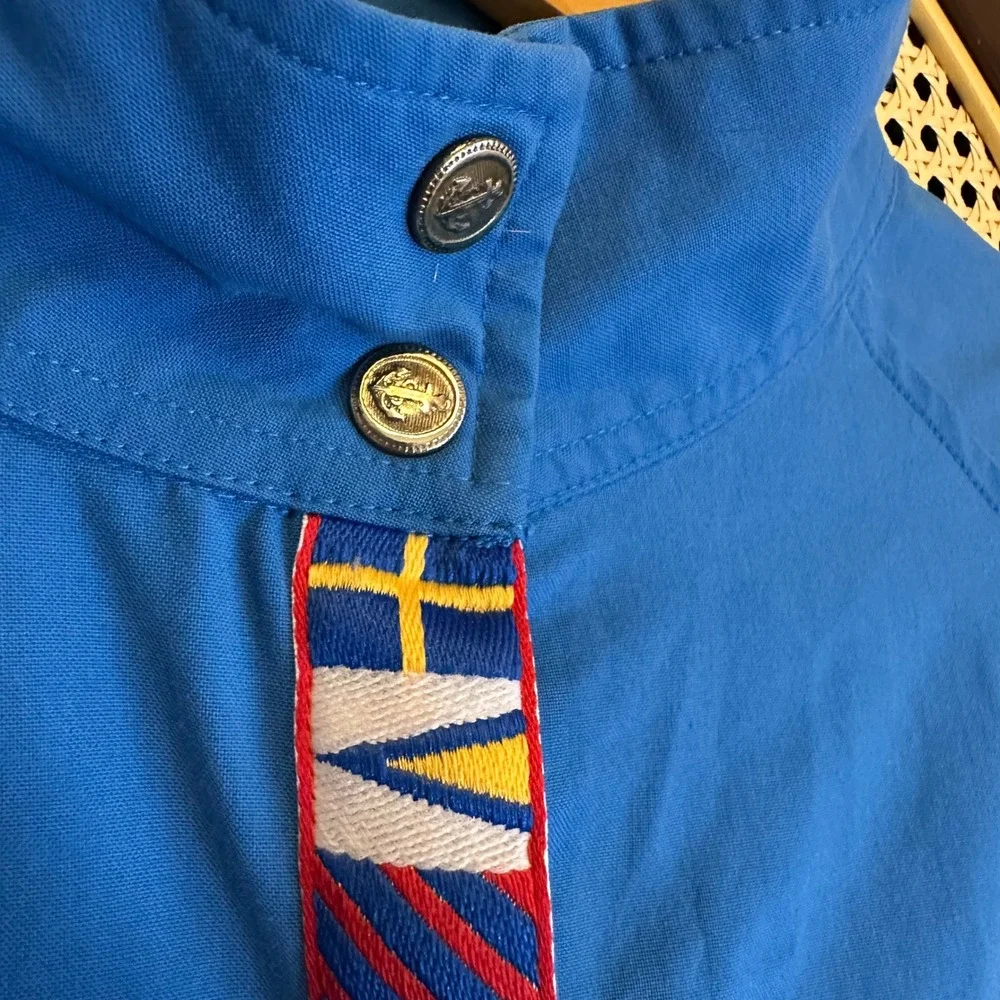 Vintage 80s BLAST Royal Blue Embroidered Nautical Flags Jacket M Pockets Kidcore